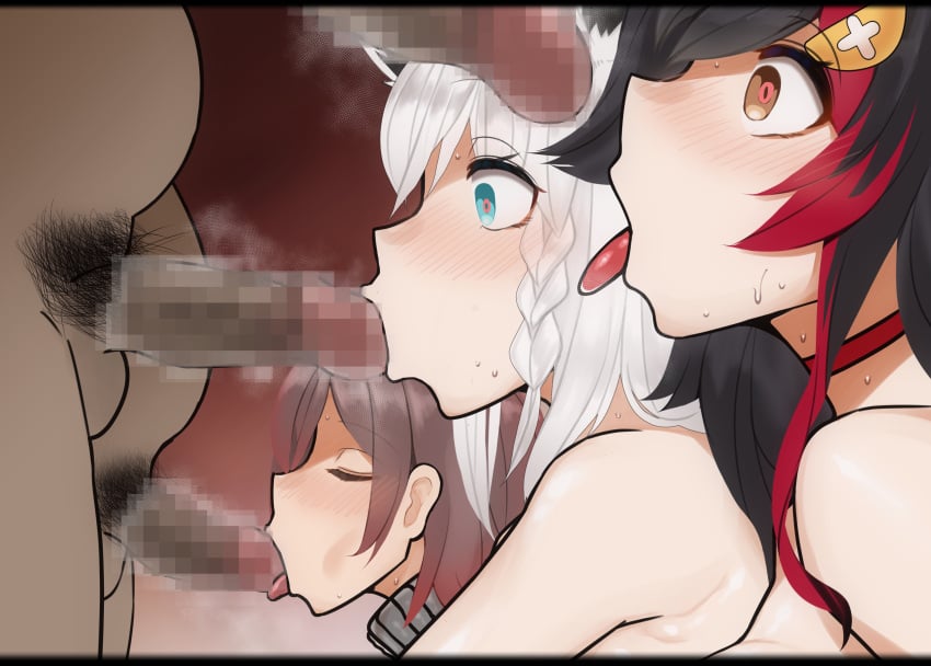 3boys 3girls android animal_ears begging begging_pose black_hair blue_eyes blush breasts brown_hair choker closed_eyes dark-skinned_male dark_skin empty_eyes fangosuta fellatio femsub fffmmm_sixsome fox_ears fox_girl hair_ornament hololive hololive_gamers hololive_gen_0 hololive_gen_1 hololive_japan hypnosis large_breasts light-skinned_female light_skin long_hair looking_at_penis maledom mind_control multicolored_hair ookami_mio open_mouth oral penis_awe red_hair ring_eyes roboco-san shirakami_fubuki short_hair sixsome symbol-shaped_pupils tongue tongue_out topless two-tone_hair virtual_youtuber white_hair wolf_ears wolf_girl yellow_eyes