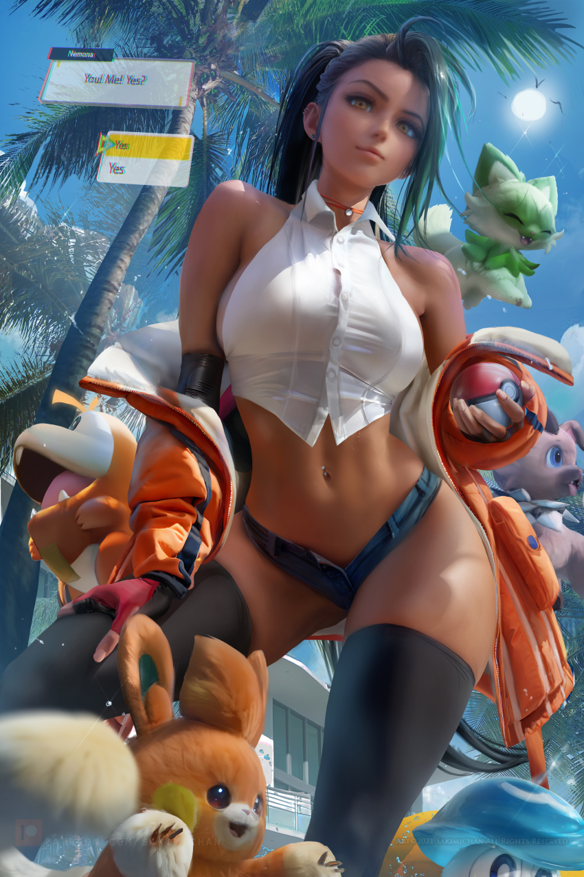 1girls absurdres aged_up black_hair breasts brown_skin female fuecoco game_ui hips holding_object large_breasts long_hair midriff nemona_(pokemon) nintendo pawmi pokeball pokemon pokemon_sv quaxly rockruff sakimichan short_shorts shorts slim_waist sprigatito text_box thick_thighs thighhighs thighs wide_hips