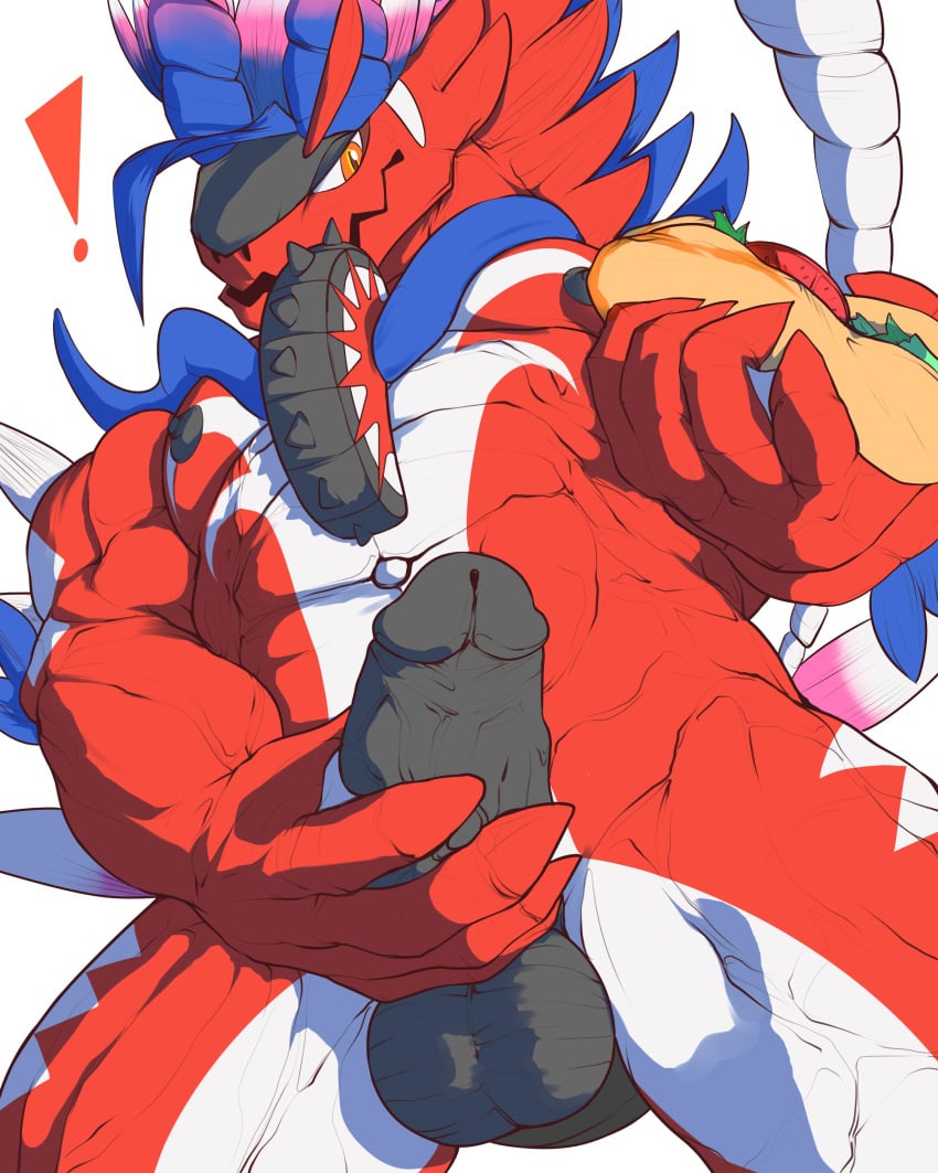 anthro balls bara barazoku blue_feathers boner erection feathers ggan_ggandi koraidon male male_only muscles muscular penis pokemon pokemon_sv red_body sandwich scalie solo solo_male white_body worm's-eye_view yellow_eyes