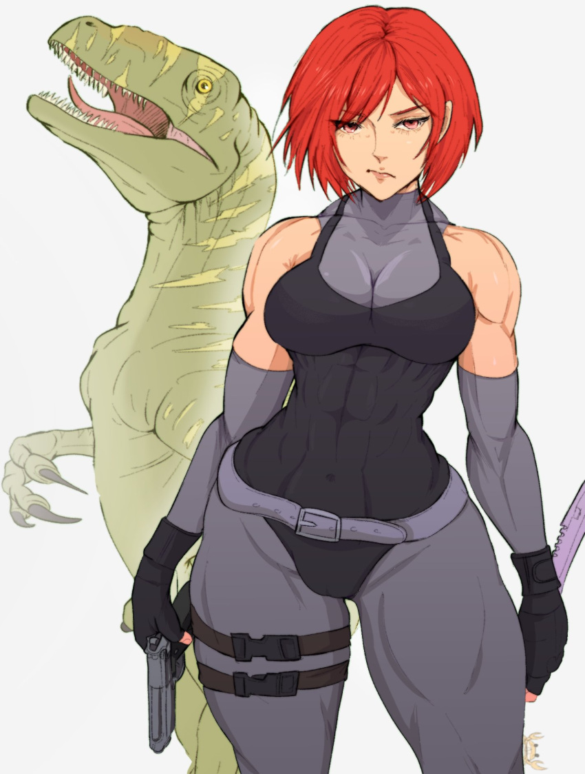 1girls abs abs_visible_through_clothing belt bodysuit breasts capcom crab dino_crisis dinosaur fat_mons gloves gun hi_res knife leg_belt looking_at_viewer medium_breasts muscular muscular_arms muscular_female pink_eyes pistol red_hair regina_(dino_crisis) simple_background skin_tight tactical_gear thick_thighs thigh_holster velociraptor white_background yoracrab