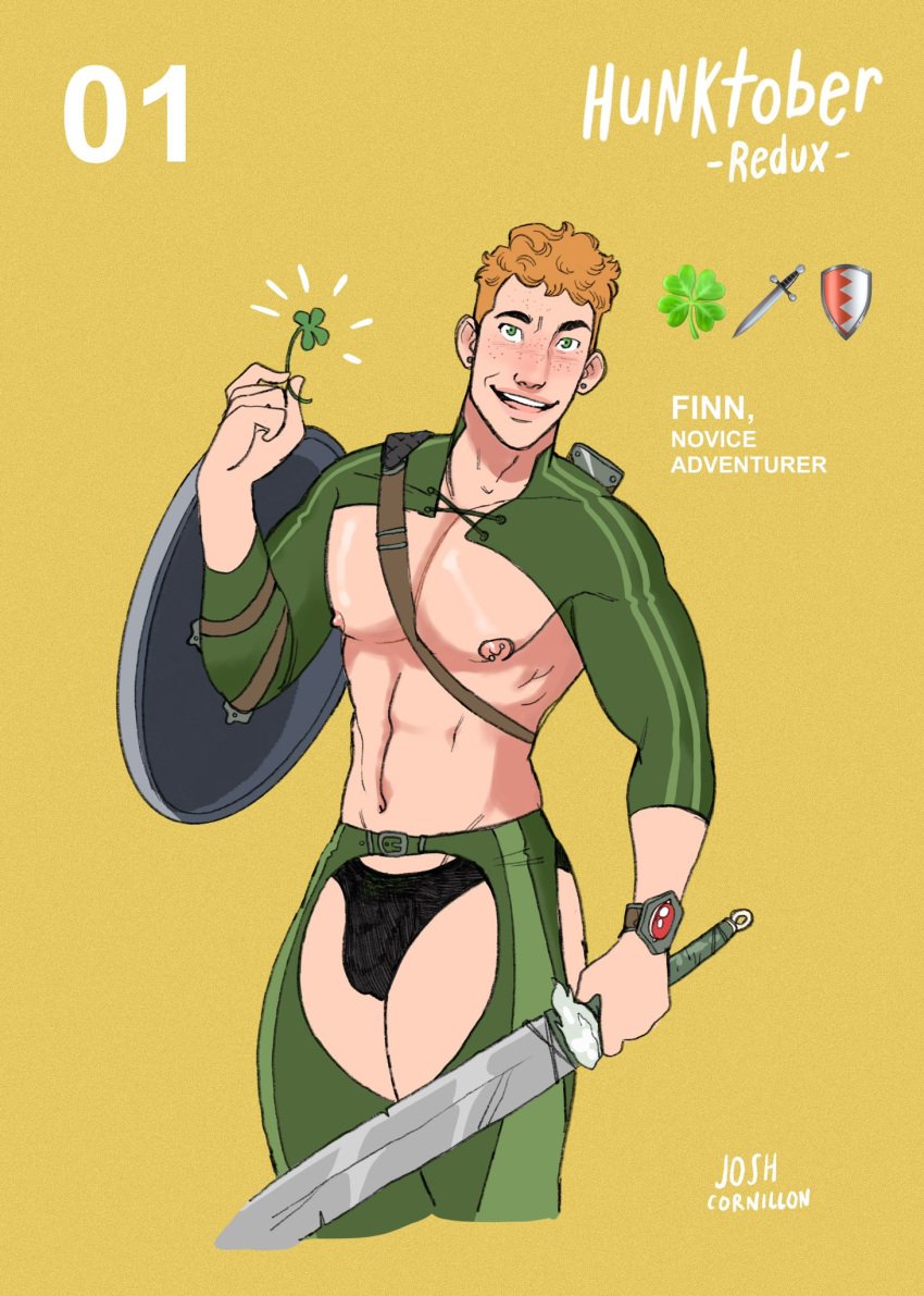 1boy bulge caucasian caucasian_male cover crop_top english_text finn_(josh_cornillon) hunktober josh_cornillon looking_at_viewer male male_only muscles muscular muscular_male smiling_at_viewer smooth_chest smooth_skin solo solo_male sword twitter_user_oc