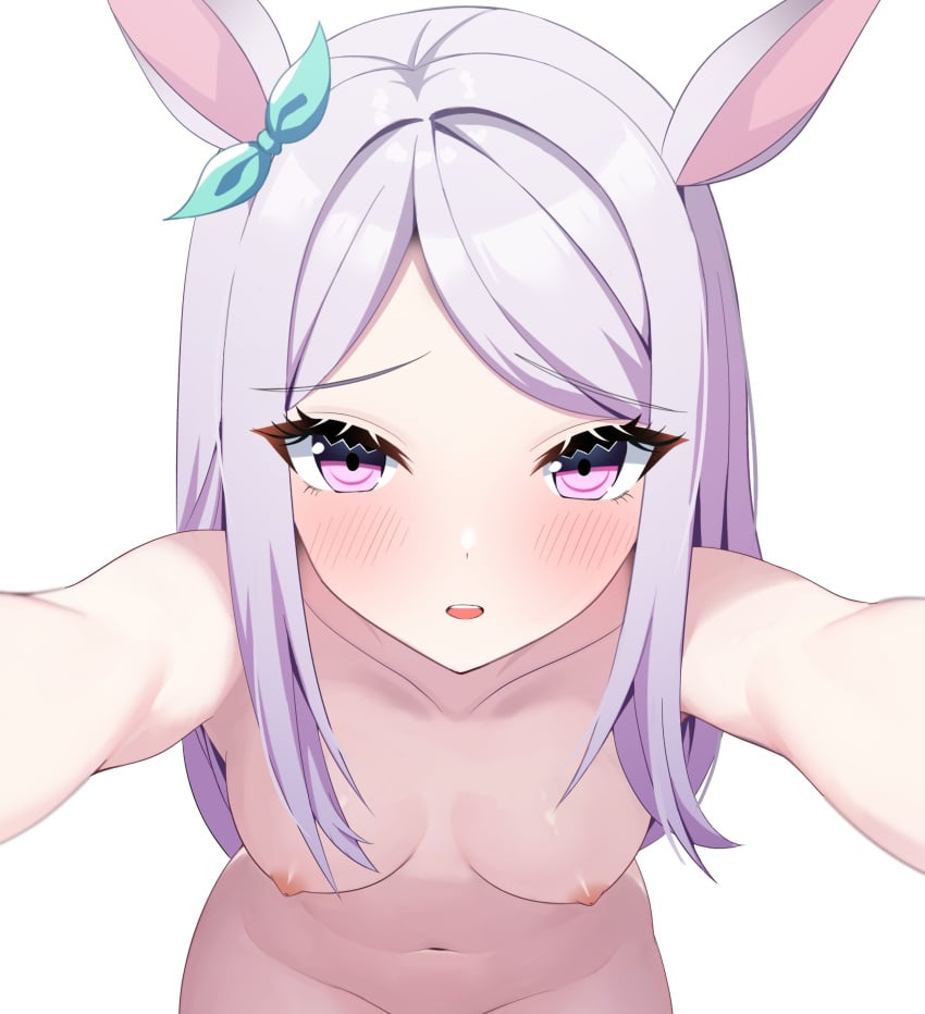 absurdres animal_ears blush breasts collarbone female hair_ornament highres horse_ears horse_girl looking_at_viewer louche mejiro_mcqueen_(umamusume) navel nude open_mouth paid_reward_available petite pov purple_eyes purple_hair reaching_towards_viewer simple_background small_breasts solo umamusume white_background