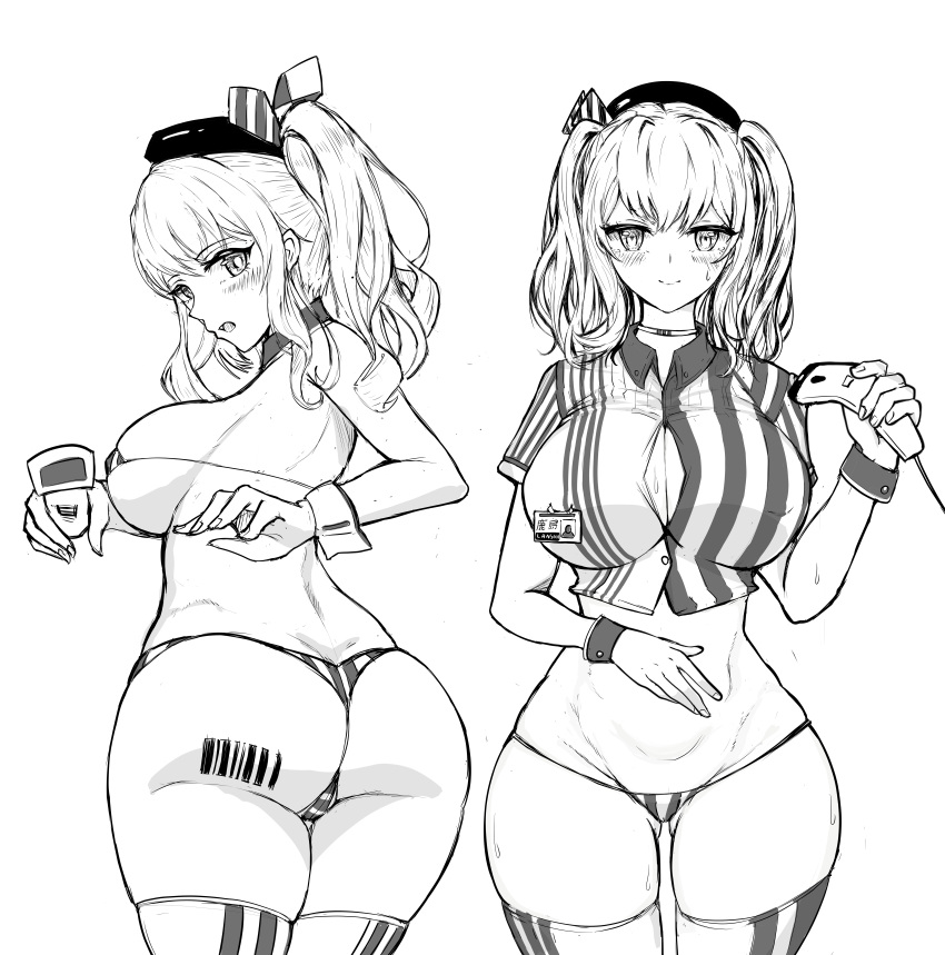 1girls 2022 4koma alternate_version_available areola areola_slip belly big_ass big_breasts bikini bikini_bottom bikini_uniform blush blush_lines cashier curvy dat_ass embarrassed hourglass_figure kantai_collection kashima_(kantai_collection) lawson legwear looking_at_viewer looking_back monochrome navel no_pants oshiokitime revealing_clothes simple_background skimpy striped_bikini striped_bikini_bottom thick_thighs thighs thin_arms thin_waist thong thong_bikini uniform white_background wide_hips