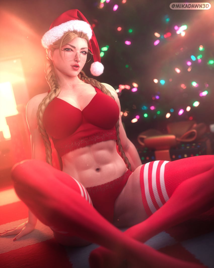 1girls 3d abs absurdres ass blonde_hair blue_eyes bra breasts cammy_white capcom christmas christmas_hat christmas_tree female female_only fit fit_female glasses highres medium_breasts mikadawn panties realistic red_socks santa_hat socks solo stockings street_fighter thick_thighs thigh_socks thighhighs