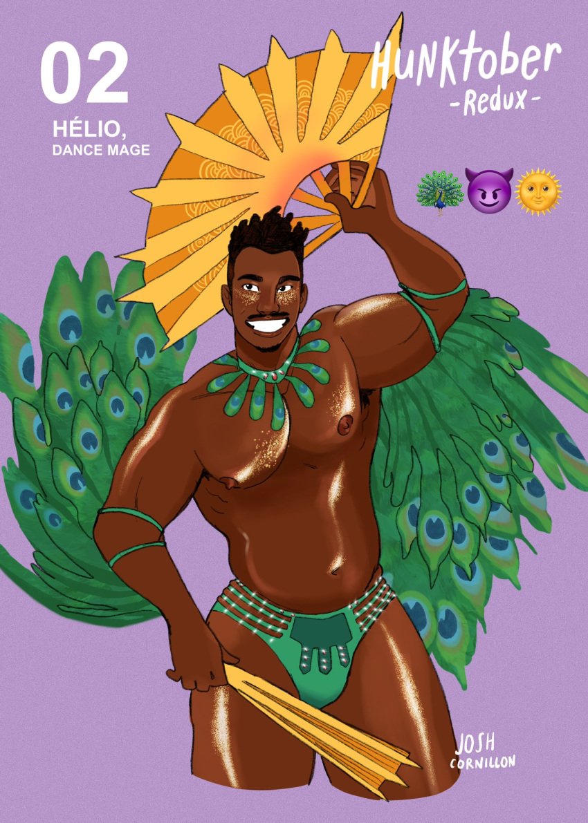 african african_male bear_(body_type) bulge dancing dark-skinned_male dark_skin fans hélio_(josh_cornillon) hunktober josh_cornillon mage male male_only melanin muscles muscular muscular_male smiling twitter_user_oc