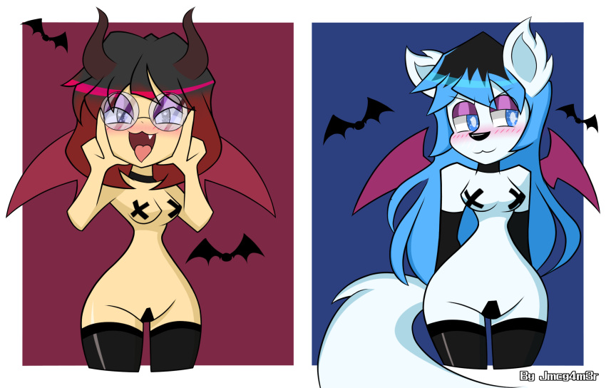 2girls bats blue_eyes blue_hair blush choker eyeshadow furry_female glasses human_and_anthro jmcg4m3r purple_eyes red_hair simple_background sparkling_eyes succubus succubus_horns succubus_wings taped_nipples taped_pussy thick_thighs thighhighs white_fur wide_hips yukiuwu