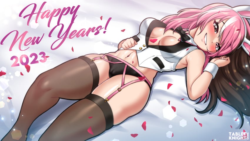 black_clothing blush brown_eyes brown_hair bunny_ears cameltoe eyebrows_visible_through_hair female garter_belt garter_straps heterochromia looking_at_viewer neo_(rwby) pink_eyes pink_hair pussy_lips rwby smile stockings tabletknight white_clothing