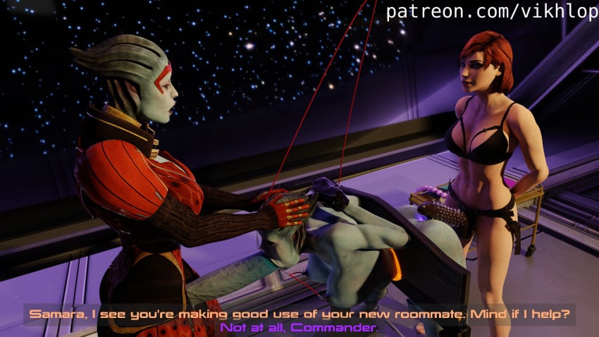 1girls 2futas 3d asari_futanari bondage breast_piercing breasts comic_page commander_shepard dubious_consent english_text female femshep futa_on_futa futanari green_eyes hogtie lingerie mass_effect morinth nose_hook red_hair reverse_prayer samara self_upload spiked_dildo spikes stocks strap-on text vikhlop