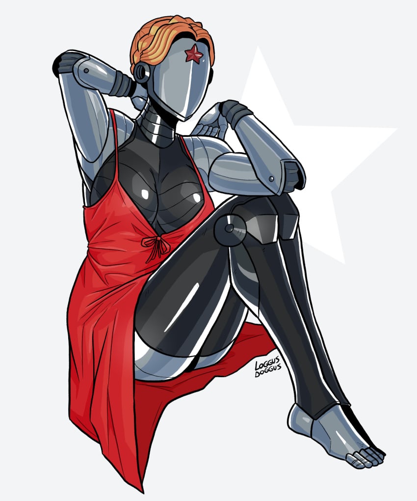 android android_girl atomic_heart big_breasts blonde_hair dress faceless faceless_character faceless_female feet female_only large_breasts loggus_doggus metalic_skin pinup pinup_pose red_dress right_(atomic_heart) robot robot_girl robot_humanoid russian russian_girl shiny_skin solo the_twins_(atomic_heart) toes