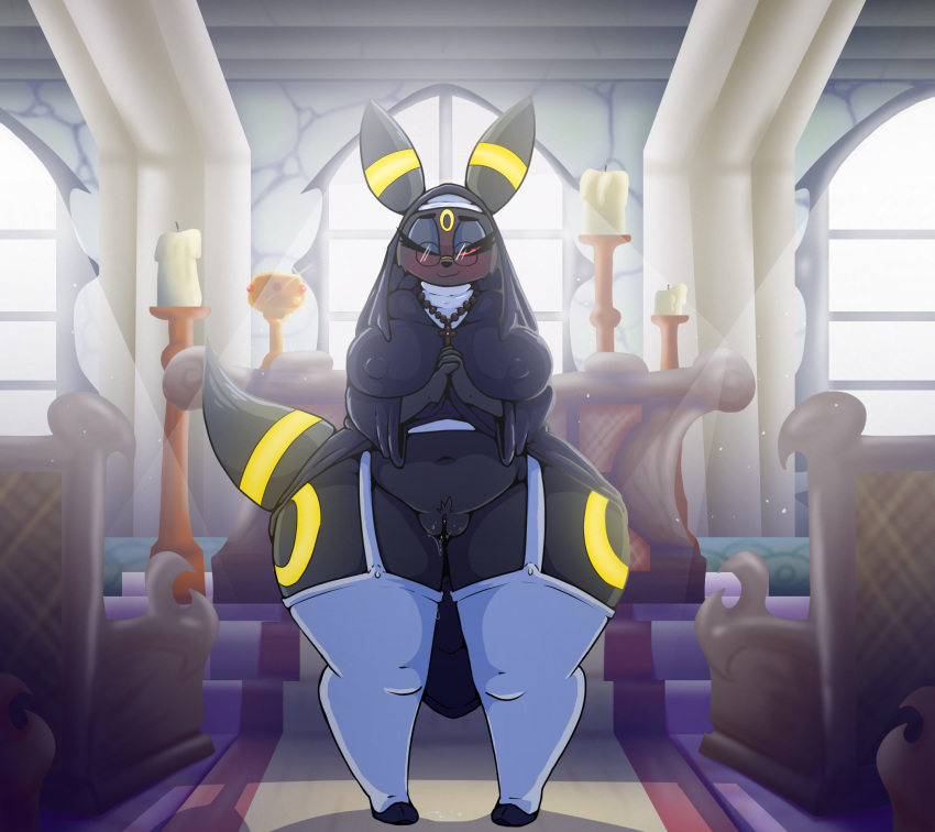 black_body black_fur blush bodily_fluids bottomless clothed clothing eeveelution eyewear female fur garter_straps generation_2_pokemon genital_fluids genitals glasses hi_res iguanasarecool inside legwear markings nintendo nun pokémon_(species) pokemon pokemon_(species) pussy pussy_juice red_eyes slightly_chubby stockings thick_thighs umbreon video_games wide_hips