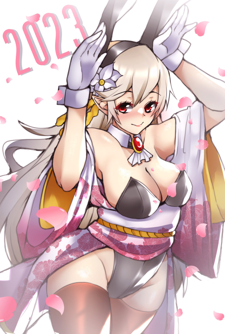 1340smile 1girls 2023 absurd_res blonde_hair breasts bunny_ears bunny_girl bunnysuit cleavage corrin_(fire_emblem) corrin_(fire_emblem)_(female) cravat female female_only fire_emblem fire_emblem_fates flower flower_in_hair hands_up hi_res highres kimono long_hair looking_at_viewer loose_sleeves new_year nintendo petals red_eyes smile solo stockings thighhighs thighs