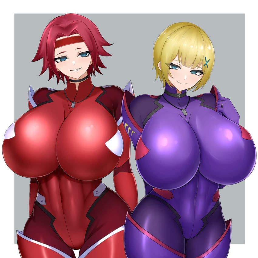 2girls big_breasts bodysuit breasts code_geass crossover female gundam gundam_00 huge_breasts kallen_stadtfeld louise_halevy multiple_girls purple_bodysuit red_bodysuit ring seductive short_hair smile standing tagme tokitamago wedding_ring