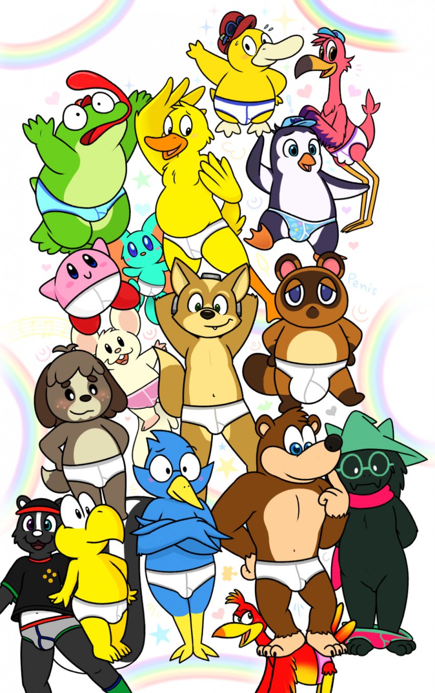 1:1 ambiguous_gender anatid animal_crossing anseriform anthro armor arms_stretched avian banjo-kazooie banjo_(banjo-kazooie) barefoot beak bear berdly big_bulge bird black_body black_clothing black_feathers black_fur black_hat black_headwear black_shirt black_t-shirt black_topwear blue_body blue_briefs blue_clothing blue_eyes blue_feathers blue_hat blue_headwear blue_seam_briefs blue_seam_socks blue_seam_underwear blue_underwear blush bodily_fluids bovid bovine briefs briefs_only brown_body brown_fur buckteeth bulge buttons_(nishi_oxnard) canid canine canis cattle clothed clothing colored_edge_panties colored_seam_briefs colored_seam_underwear cricetid daddy_duck deltarune detailed_background detailed_bulge digby_(animal_crossing) domestic_dog duck elfilin english_text exclamation_point eyewear feathers feet female flamingo footwear fox fox_mccloud freckles freddy_(t.o.t.s) fur genitals gesture glasses goggles green_body green_clothing green_eyes green_footwear green_fur green_hat green_headwear green_seam_briefs green_seam_underwear green_skin green_socks grey_briefs grey_clothing grey_underwear group hamster hands_behind_head hands_on_hips hat headgear headwear heart helmet hi_res kazooie kirby kirby_(series) koopa koopa_troopa leaf male mammal mario_(series) membrane_(anatomy) musical_note navel nintendo nishi_oxnard open_mouth orange_beak oxynard panties panties_only partially_clothed penguin penis pink_body pink_briefs pink_clothing pink_feathers pink_fur pink_nose pink_panties pink_underwear pip_(t.o.t.s.) pokémon_(species) pokemon psydork psyduck purple_body purple_eyes purple_feathers purple_seam_briefs purple_seam_underwear raccoon_dog rainbow ralsei rareware red_body red_briefs red_clothing red_feathers red_footwear red_scarf red_seam_briefs red_socks red_underwear rodent scales scalie scarf shirt simple_background slippy_toad smile socks sparkles star star_fox sweat t-shirt t.o.t.s. tan_body tan_fur tanuki teeth teeth_showing text tighty_whities tom_nook tongue tongue_out tongue_showing toony topless topwear undertale_(series) underwear underwear_down underwear_only waving webbed_feet webbed_hands whiskers white_background white_body white_briefs white_clothing white_fur white_nose white_seam_briefs white_underwear yellow_beak yellow_body yellow_clothing yellow_feathers yellow_footwear yellow_scales yellow_socks