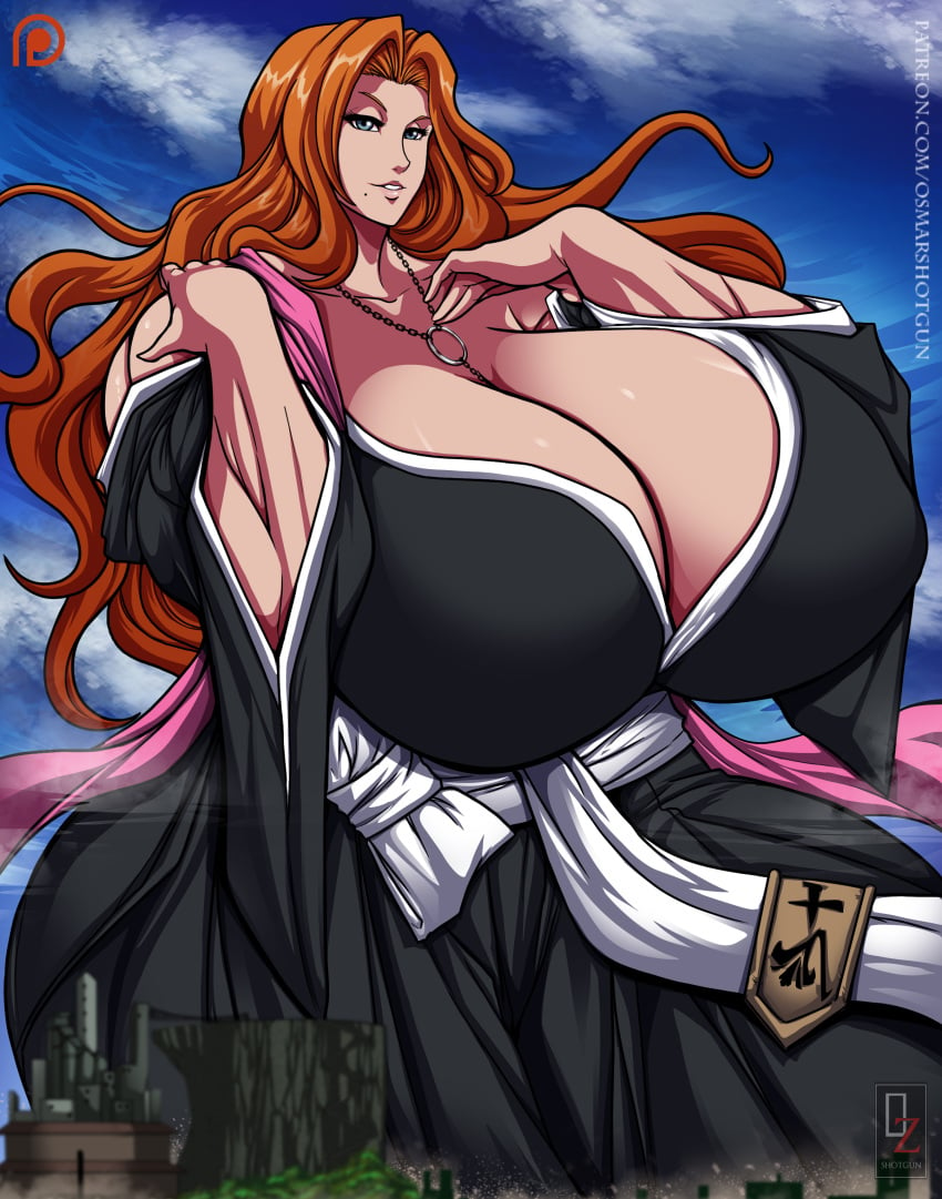 1girl 1girls absurdres big_breasts black_kimono bleach blue_eyes breasts chain_necklace cleavage curvaceous curvy curvy_female female female_focus giant giantess gigantic_breasts highres huge_breasts japanese_clothes jewelry kimono large_breasts long_hair looking_at_viewer matsumoto_rangiku mole mole_under_mouth necklace orange_hair osmar-shotgun pink_scarf scarf solo venus_body voluptuous