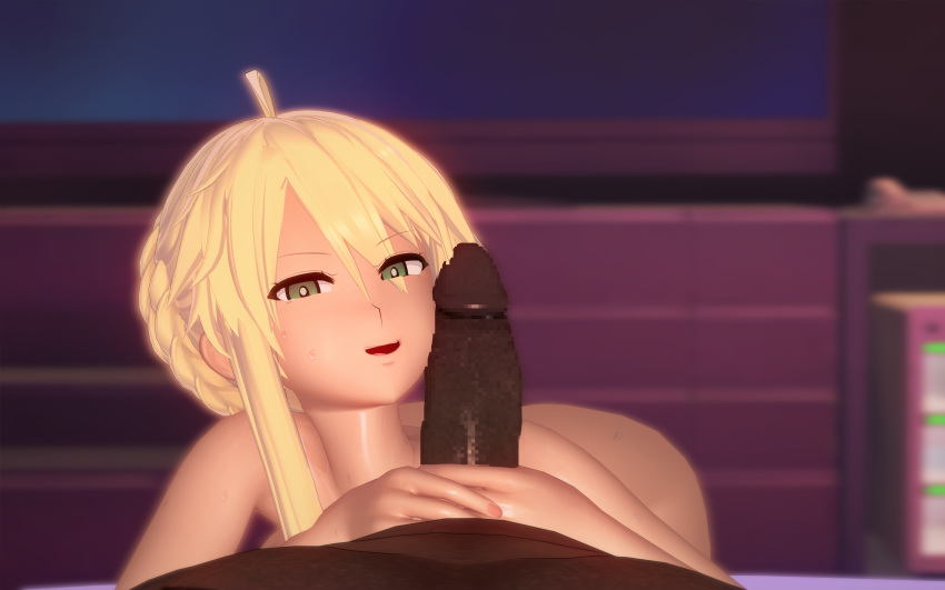 1boy 1girls 3d artoria_pendragon artoria_pendragon_(lancer) big_penis blonde_hair censored dark-skinned_male dark_skin fate/grand_order fate_(series) green_eyes indoors koikatsu light-skinned_female light_skin looking_at_viewer male_pov mosaic_censoring nisyadotti penis pov smegma sweatdrop