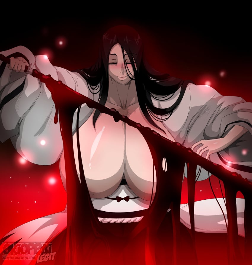 1girls absurd_res absurdres alternate_hairstyle alternate_version_available bankai big_breasts black_hair bleach bleach:_the_thousand-year_blood_war blood blush blushing breasts breasts_bigger_than_head breasts_out breasts_out_of_clothes chest_scar closed_eyes exposed_breasts eyes_closed female female_focus female_only hi_res high_resolution highres holding_object holding_sword holding_weapon huge_breasts japanese_clothes large_breasts light-skinned_female light_skin long_hair massive_breasts mature mature_female mature_woman nipples_covered okioppai paipan red_background scar shiny_skin smile smiling solo solo_focus top_heavy unohana_retsu unohana_yachiru