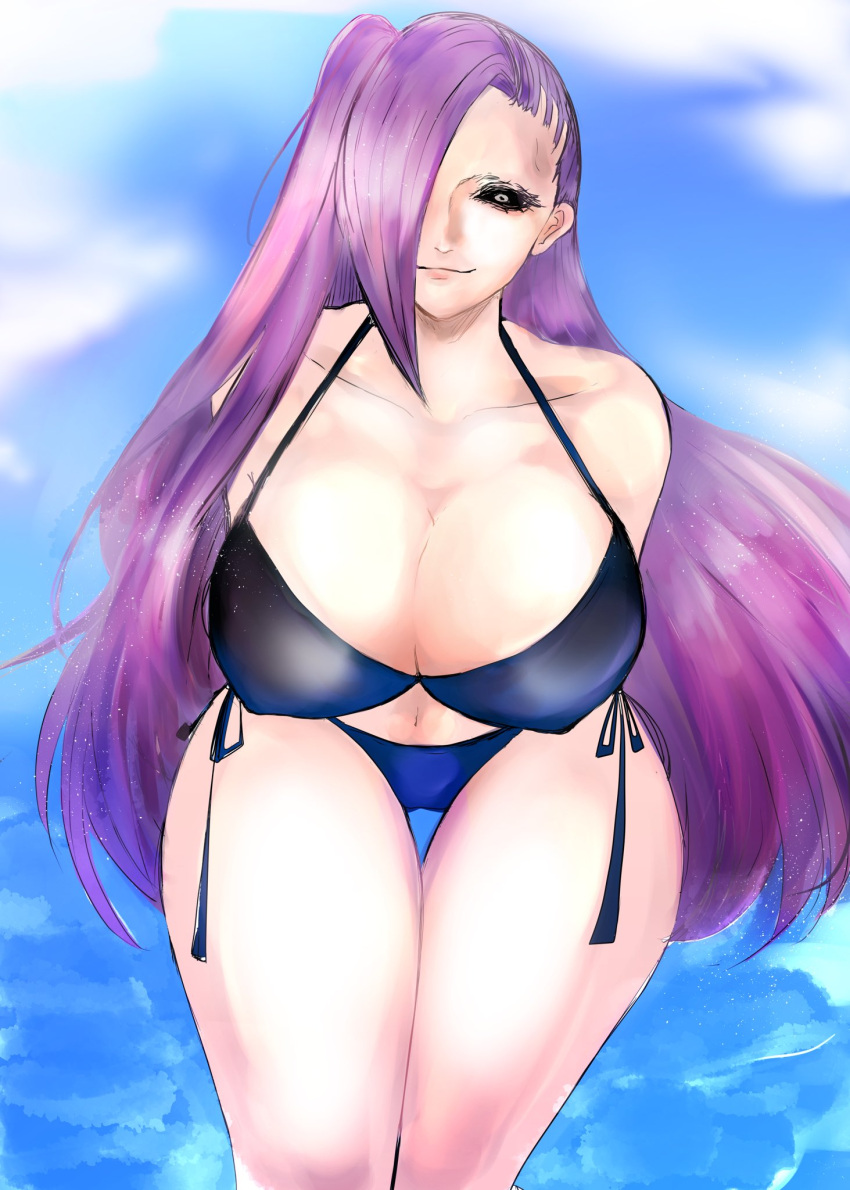 arms_up big_breasts bikini black_bikini black_sclera cleavage female female_only fist_of_the_seeker genderswap_(mtf) hair_over_one_eye hayakuwa_samato kengan_(series) leaning_forward long_hair looking_at_viewer nipple_bulge no_eyebrows purple_hair rule_63 shaved_side side-tie_bikini side_ponytail smile solo swimsuit thick_thighs thigh_gap wide_hips zpbql9ofeh0ygio