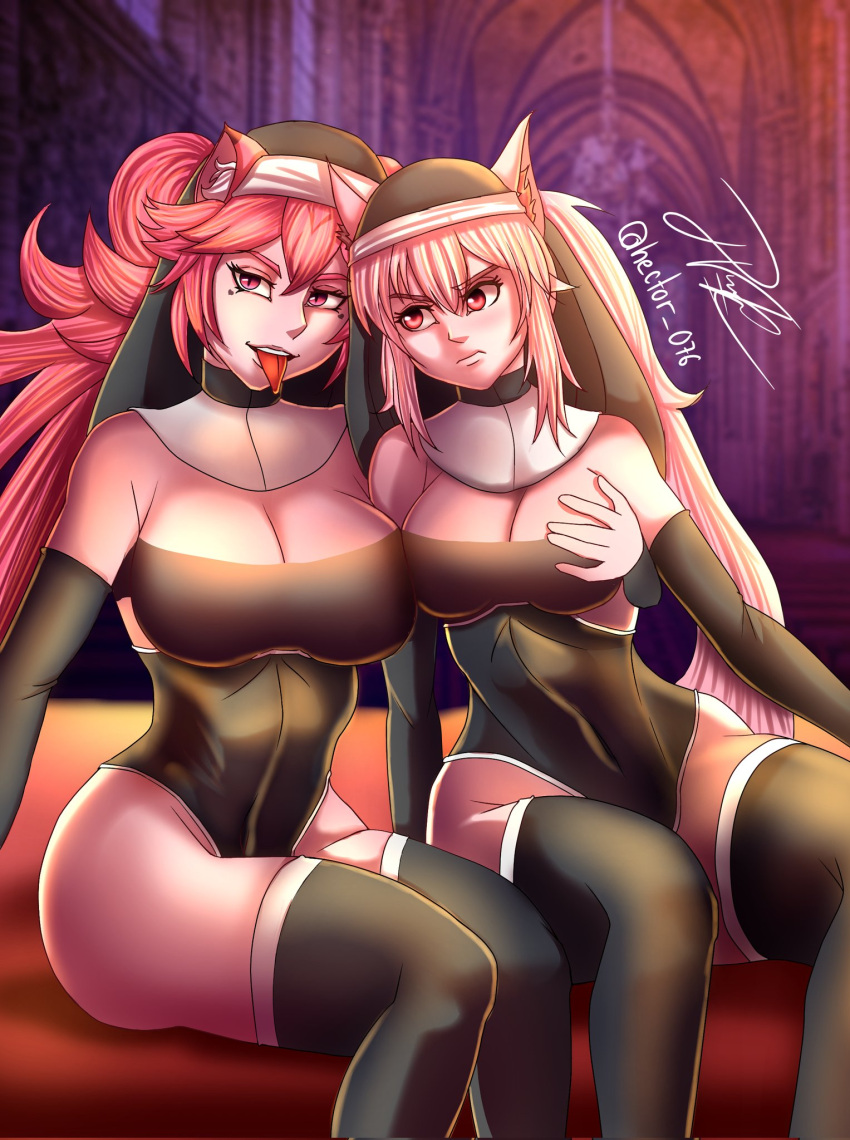 2girls angry_face belly_button_visible_through_clothing big_ass big_breasts breast_grab chilean church_interior heart_marking hector_076 hot_pink_hair latam_virtual_youtuber long_hair lunaria_ayaren nun nun's_habit pink_hair stockings thick_thighs tongue tongue_out tummy twintails virtual_youtuber vtuber vtuberfanart wide_hips youtube_hispanic