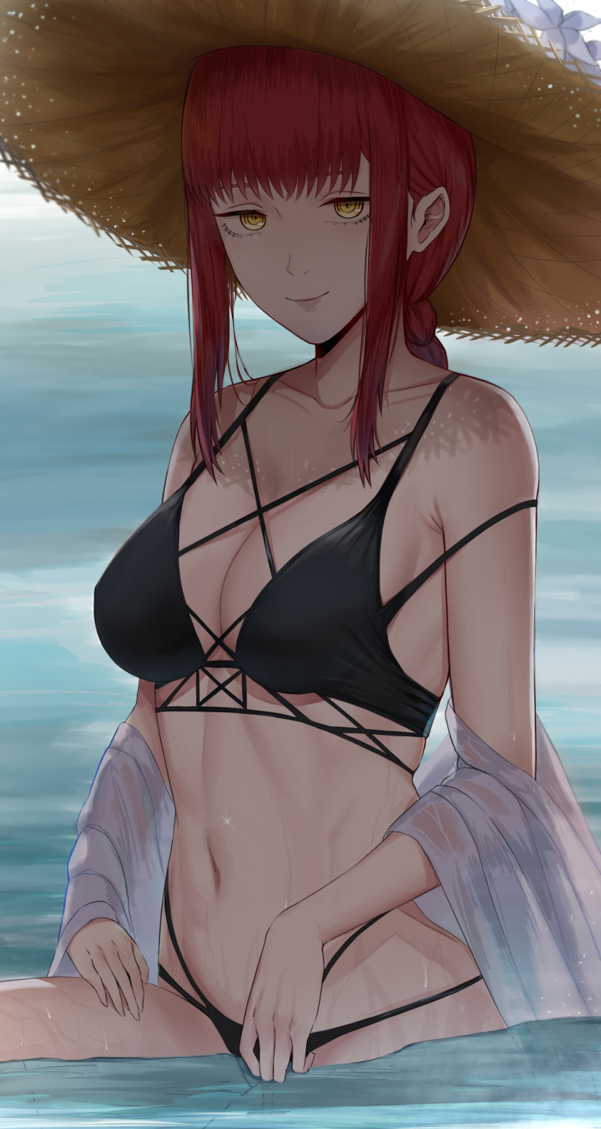 1girls beach bikini black_bikini breasts chainsaw_man hat i-chandraws large_breasts looking_at_viewer makima_(chainsaw_man) micchan_(micchanmeido) navel red_hair seductive seductive_look solo_female straw_hat swimsuit tagme yellow_eyes