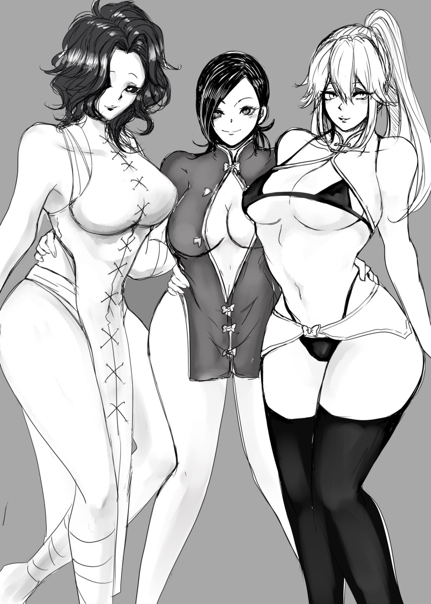 3girls alan_wu big_breasts bikini black_sclera boob_window canon_genderswap china_dress chinese_clothes cleavage feet_out_of_frame fei_wangfang female female_only first_porn_of_character genderswap_(mtf) kengan_(series) kengan_omega liu_dongcheng long_hair looking_at_viewer medium_hair monochrome no_bra ponytail rule_63 shrug_(clothing) side_slit sketch smile standing thighhighs underboob wavy_hair wide_hips zpbql9ofeh0ygio