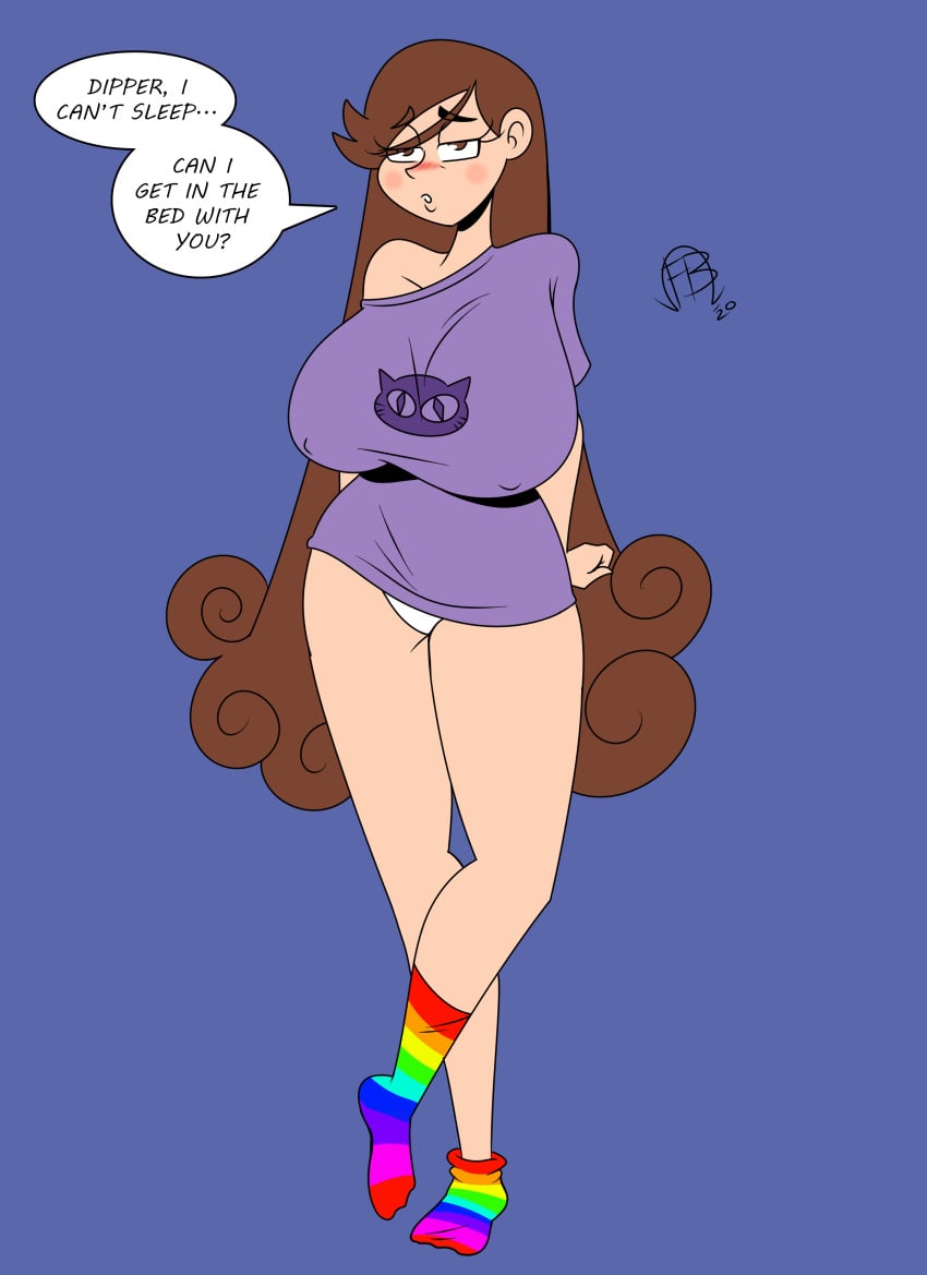 big_breasts blush breasts brown_eyes brown_hair busty dialogue disney disney_channel frostbiteboi gravity_falls hair_down long_hair looking_at_viewer mabel_pines maboobs no_pants rainbow_socks simple_background sleepy socks straight_hair text text_bubble thicc-falls thicc-verse thick_thighs tired