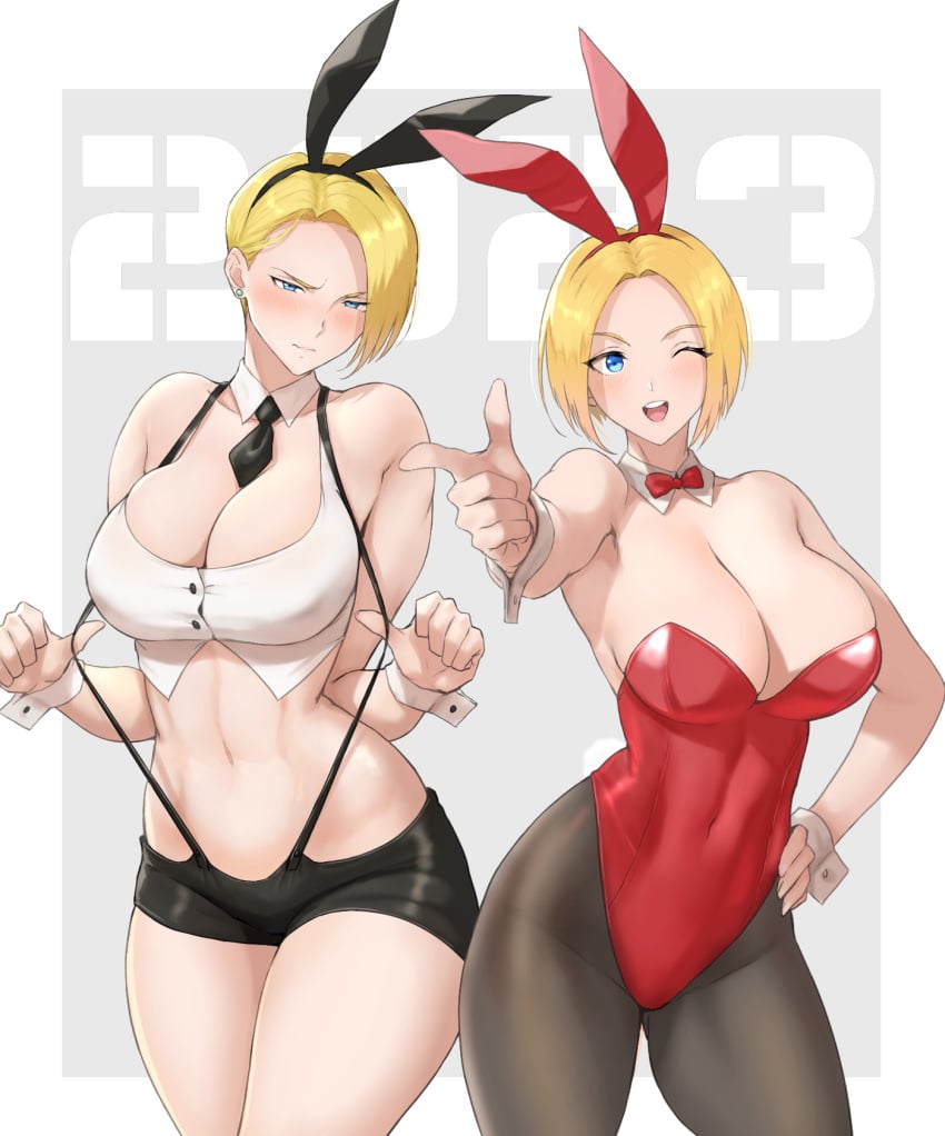 2023 2girls anagumasan animal_ears bare_shoulders blonde_hair blue_mary blush bow bowtie breasts cleavage contrapposto covered_navel covered_nipples cowboy_shot crop_top detached_collar embarrassed fake_animal_ears fatal_fury finger_gun highres king_(snk) king_of_fighters large_breasts leotard looking_at_viewer midriff multiple_girls necktie new_year one_eye_closed pantyhose playboy_bunny pointing pointing_at_viewer rabbit_ears red_leotard ryuuko_no_ken shorts snk strap_pull suspender_shorts suspenders very_short_hair wrist_cuffs year_of_the_rabbit