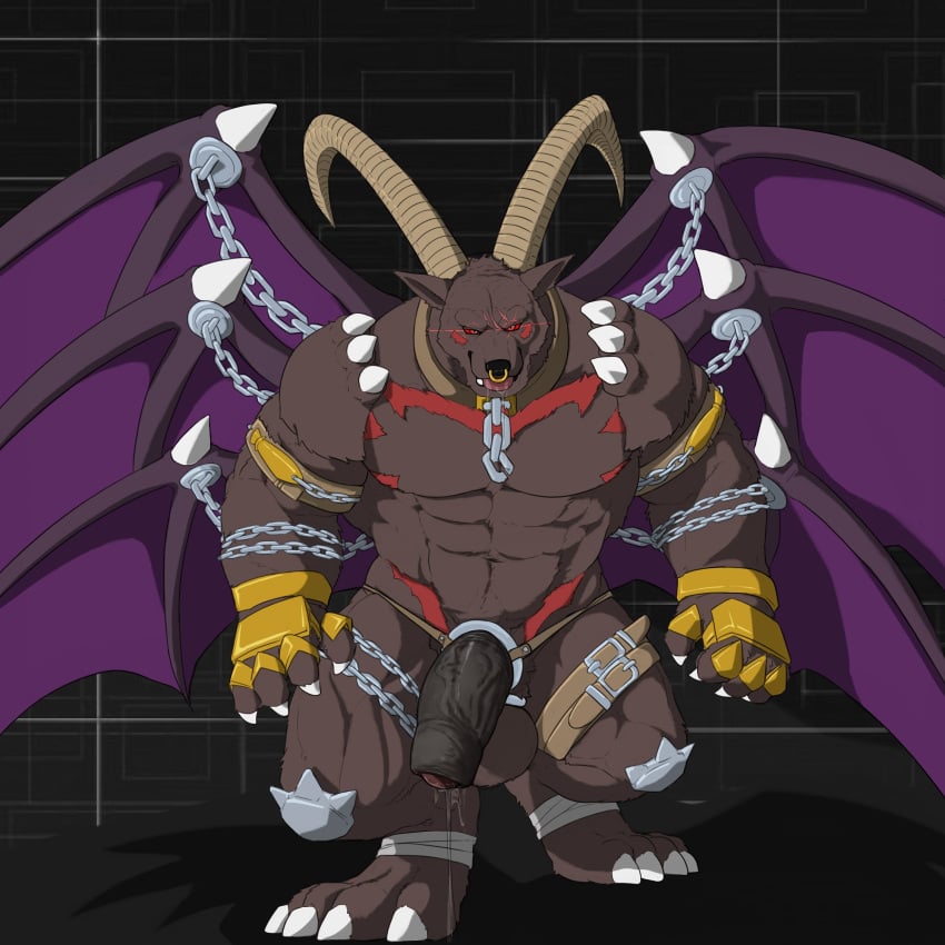 1:1 abs anthro bandai_namco belphemon belphemon_(rage_mode) belt bovid brown_body brown_fur caprine chains claws demon digimon digimon_(species) fur genitals goat hi_res horn male mammal muscular muscular_anthro muscular_male pecs penis red_eyes riseson seven_great_demon_lords solo wings