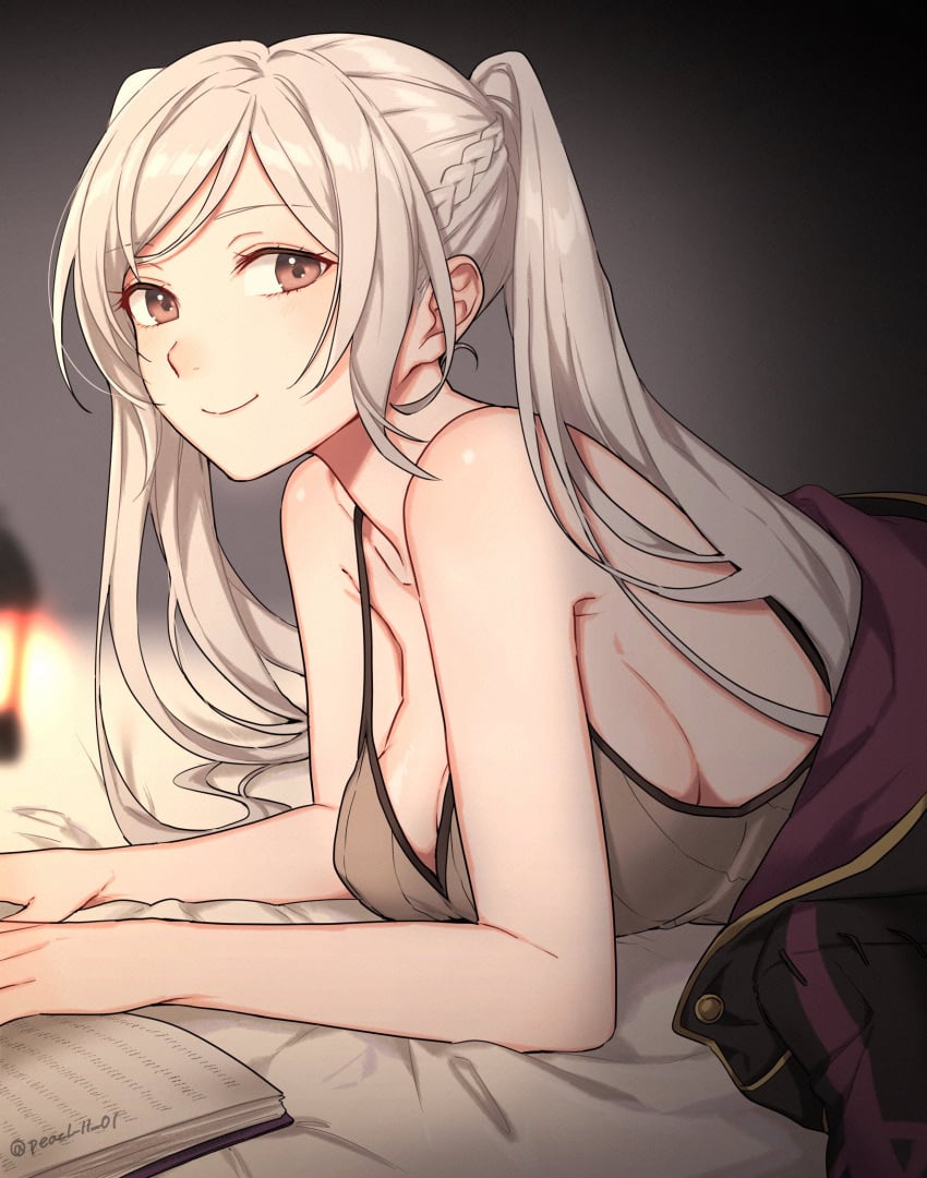 1girls alternate_breast_size book breasts brown_eyes camisole cleavage female female_only fire_emblem fire_emblem_awakening gloves highres large_breasts light-skinned_female light_skin long_hair looking_at_viewer lying nintendo on_stomach peach11_01 reading robe robin_(fire_emblem) robin_(fire_emblem)_(female) smile solo tank_top twintails upper_body white_hair