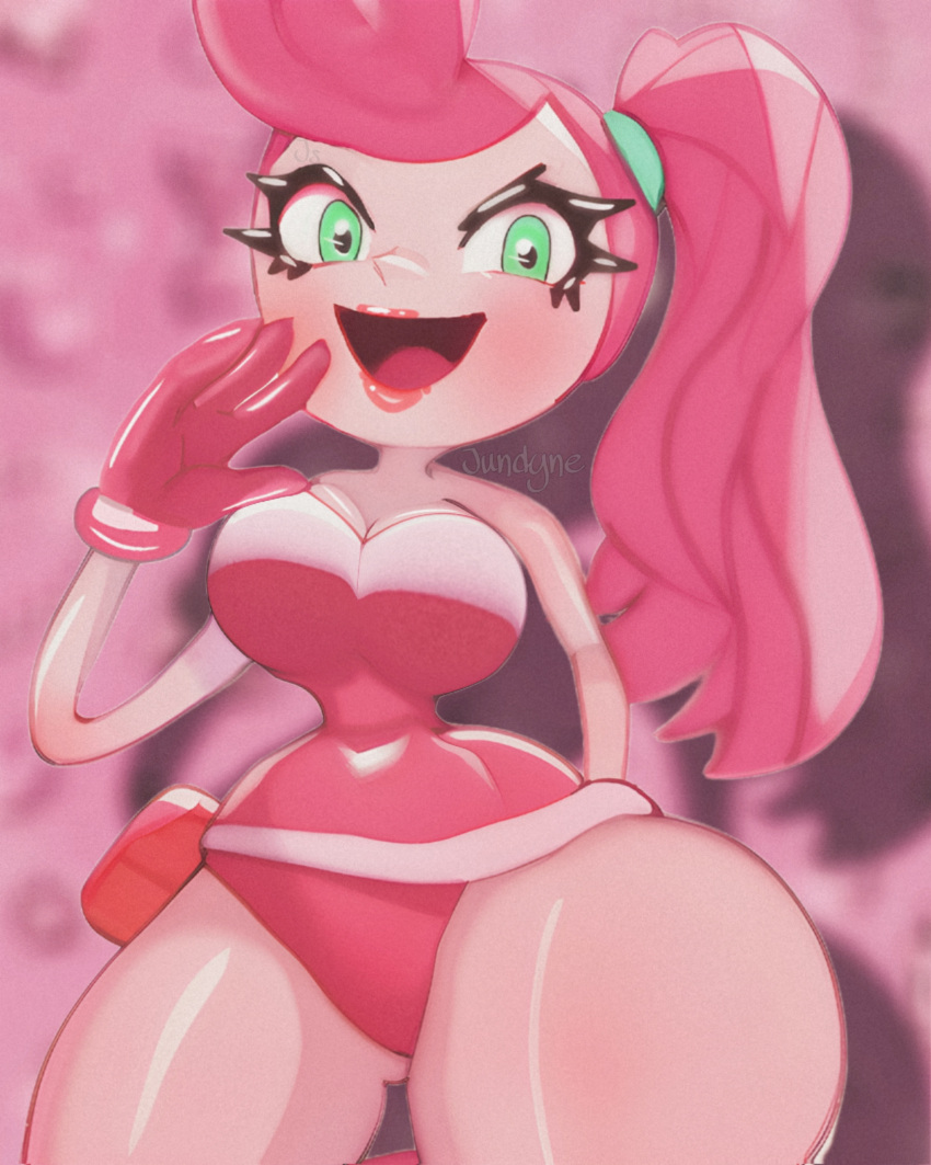 elastic_arms female female_only green_eyes jundyne lipstick long_hair mommy_long_legs pink_body pink_hair pink_lipstick pink_skin ponytail poppy_playtime solo stretchy thick_thighs unitard