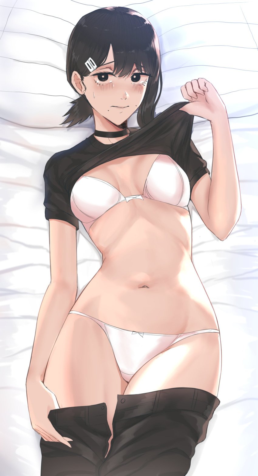 1girls black_hair black_skirt breasts chainsaw_man choker higashiyama_kobeni i-chandraws micchan_(micchanmeido) navel nervous on_back on_bed small_breasts solo_female tagme underwear undressed undressing white_panties