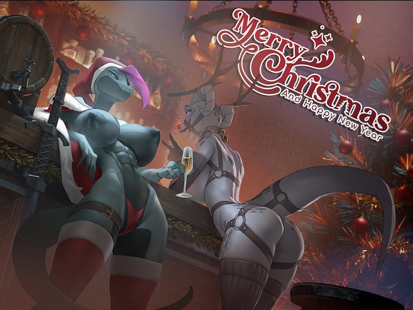 2022 2d abs akieta_perrean_(skygracer) areola areolae argonian ass bell bent_over bethesda_softworks beverage big_breasts blue_eyes breasts christmas christmas_hat christmas_tree digital_media_(artwork) duo eyelashes female female_only hair horns inside lesta_(skygracer) looking_at_viewer nipples open_smile original_character purple_eyes purple_hair reptile reptile_humanoid scalie scalie_female scalie_humanoid scalie_only skygracer smile snake tagme text the_elder_scrolls thighhighs topless topless_female tree weapon white_body