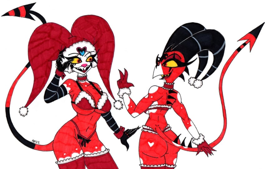 2girls anthro blitzo_(helluva_boss) breasts christmas christmas_clothing claws clothing demon duo female female/female female_blitzo female_fizzarolli female_only fizzarolli_(helluva_boss) helluva_boss hi_res holidays horn imp multicolored_body multiple_girls open_mouth open_smile red_body red_eyes rule_63 simple_background skeleslay smile tail thick_thighs tongue two_tone_body white_background white_body