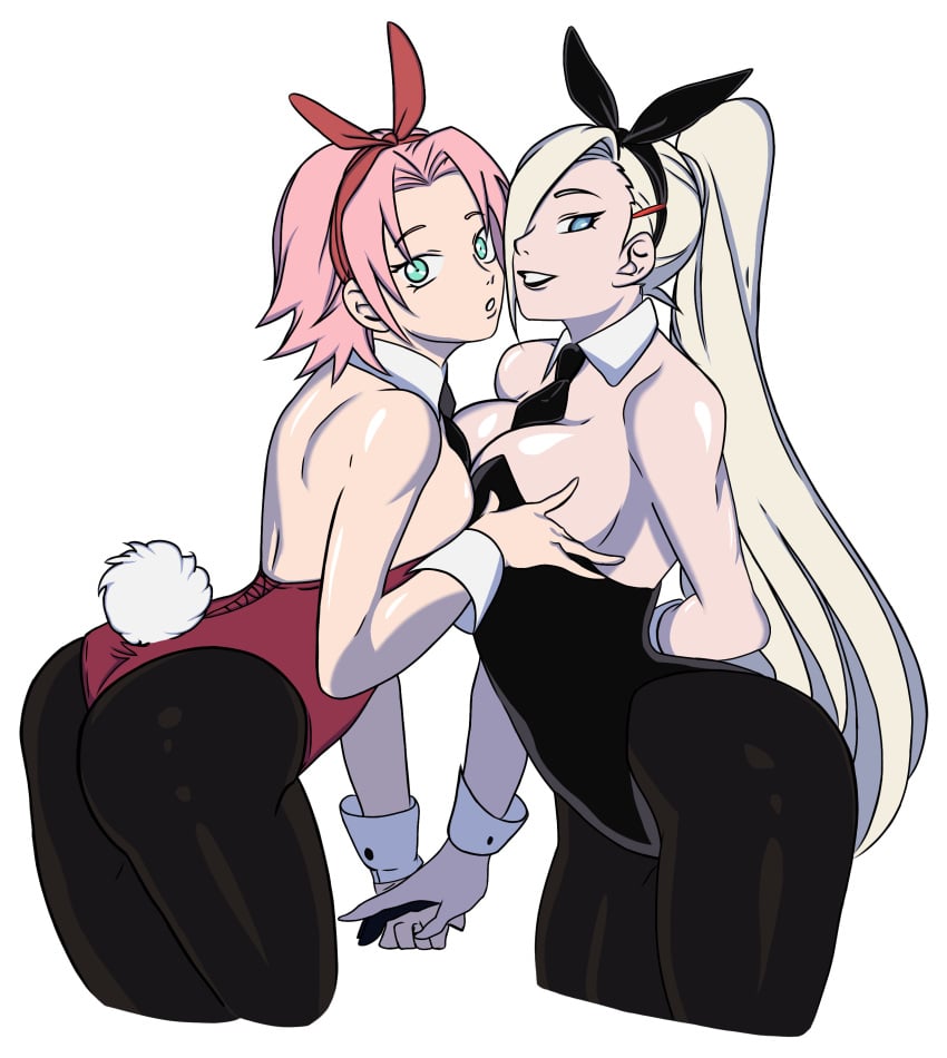 2girls abooru backless_outfit bare_back bare_chest bare_shoulders blonde_hair blue_eyes boruto:_naruto_next_generations breast_docking breast_press breast_size_difference breasts bunny_ears bunny_girl bunnysuit cleavage cropped_legs detached_collar detached_sleeves fake_animal_ears female female/female female_only green_eyes hair_over_one_eye hair_ribbon holding_hands ino_yamanaka leotard lipstick long_hair looking_at_viewer makeup milf multiple_girls naruto naruto_(series) naruto_shippuden necktie no_bra pantyhose pink_hair revealing_clothes ribbon sakura_haruno short_hair shoulder_length_hair sideboob smile very_long_hair white_background yuri