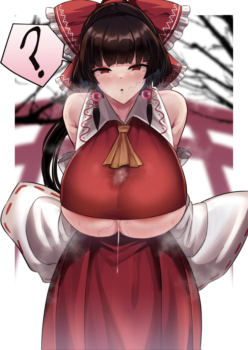 :o ? after_paizuri areola_slip ascot bare_shoulders bow breasts brown_hair collared_shirt crop_top cum detached_sleeves earrings female frilled_bow frilled_hair_tubes frilled_shirt_collar frills hair_tubes hairbow hakama hakama_skirt hakurei_reimu highres huge_breasts japanese_clothes jewelry medium_hair ponytail red_bow red_eyes red_hakama red_shirt red_skirt reimu_hakurei ribbon-trimmed_sleeves ribbon_trim shirt sidelocks sinkai skirt skirt_set sleeveless sleeveless_shirt solo speech_bubble stray_pubic_hair torii touhou underboob white_sleeves wide_sleeves yellow_ascot