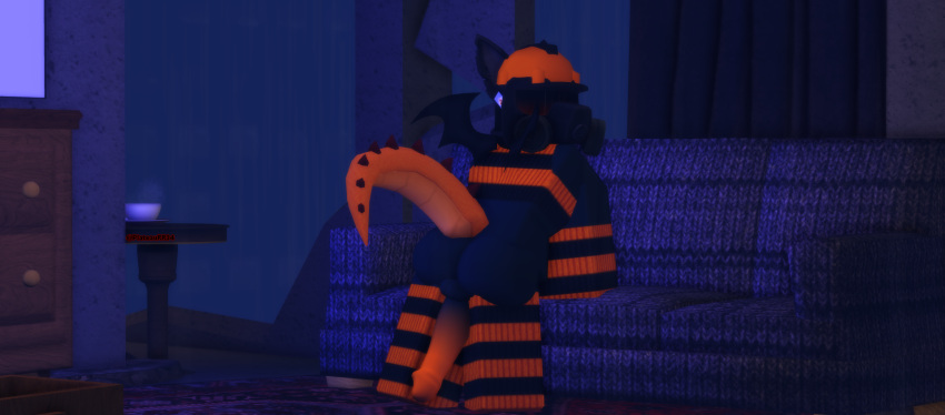 1boy 3d anthro balls bat_wings dog_ears dragon_tail femboy furry gas_mask large_ass large_penis leaning_forward lingerie mask original_character outdoors penis_behind_legs plateaurr34 roblox robloxian sofa solo tagme thighhighs twitter_username