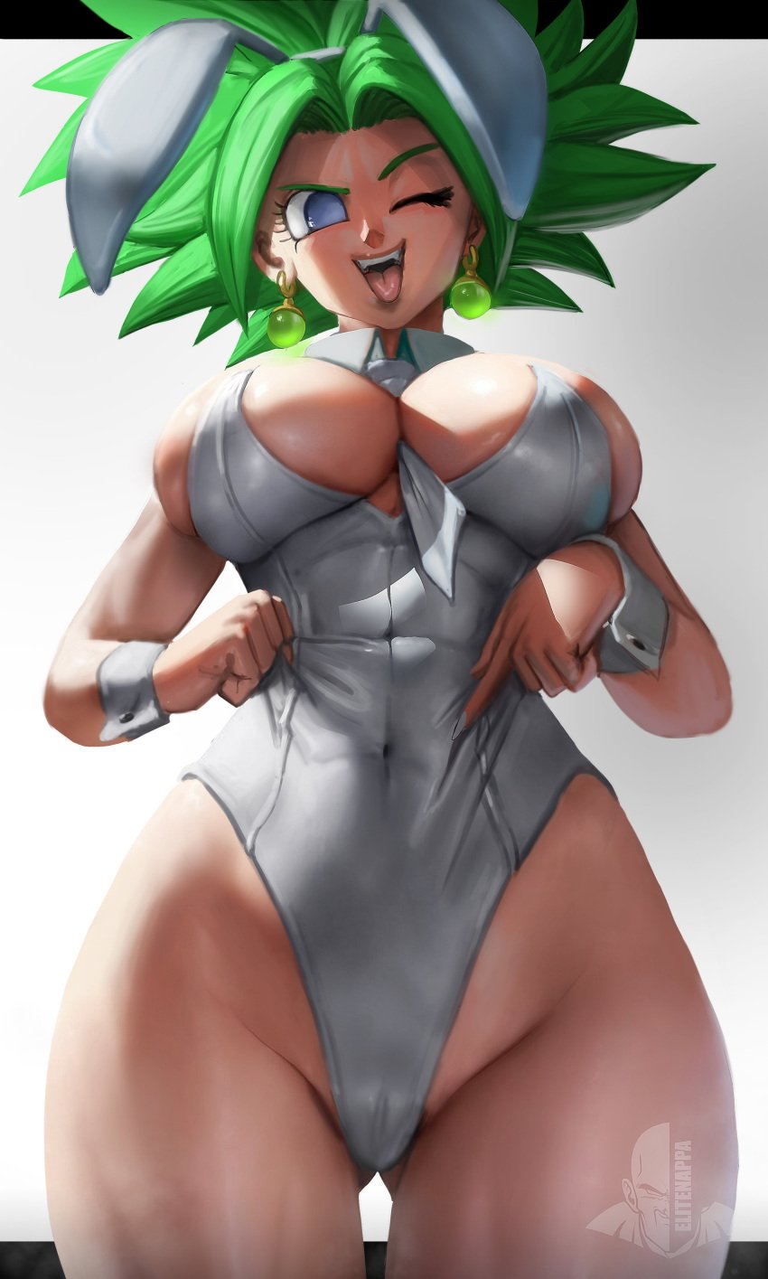 1girls ass_visible_through_thighs big_breasts blue_eyes breasts bunny_ears bunnysuit cameltoe clothing dragon_ball dragon_ball_super ear_piercing earrings elitenappa female female_only female_saiyan fusion green_hair huge_breasts kefla legendary_super_saiyan looking_at_viewer open_mouth piercing potara_earrings saiyan shounen_jump solo super_saiyan super_saiyan_2 thick_thighs tongue tongue_out universe_6/universe_7 universe_6_girls wide_hips wink