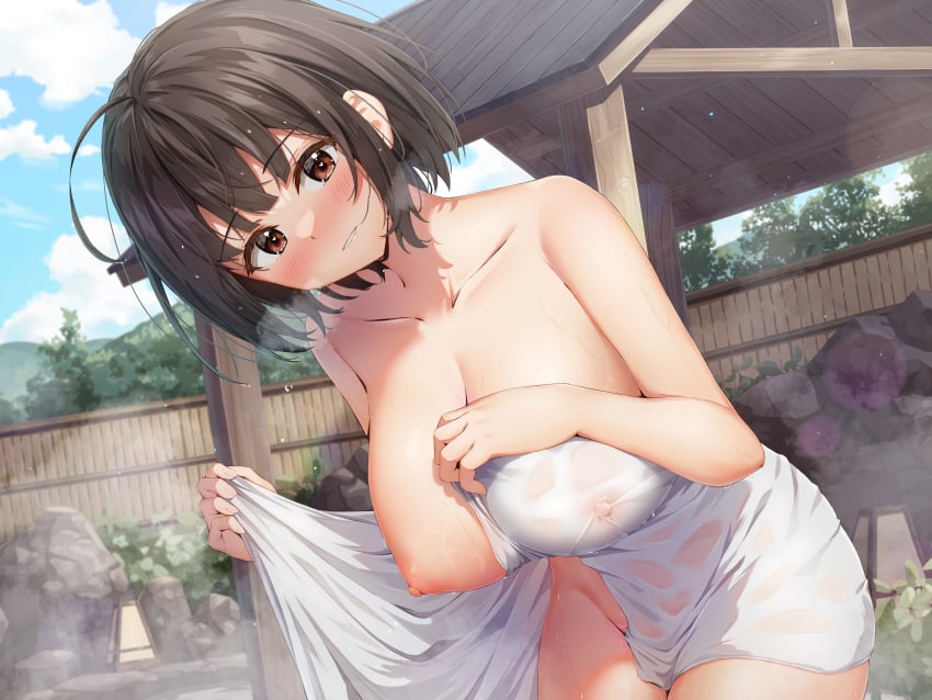 ahoge bangs bathing blue_sky blush breast_hold breasts brown_eyes brown_hair cloud collarbone covered_nipples day female grin highres kuria_(clear_trip_second) large_breasts looking_at_viewer naked_towel navel nipples non-web_source nude one_breast_out onsen original outdoors short_hair sky smile solo steam teeth thighs towel wet