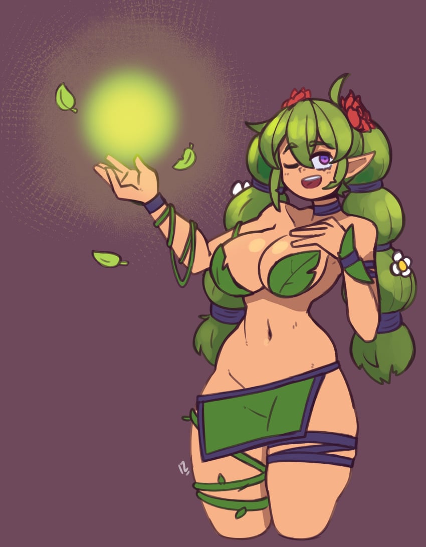 1girls 2022 absurd_res alternate_hairstyle bare_shoulders covered_nipples docecaedrus dryad dryad_(terraria) female green_hair hair_flower hair_ornament hand_on_breast loincloth looking_at_viewer one_eye_closed open_mouth purple_eyes solo terraria twin_braids twintails