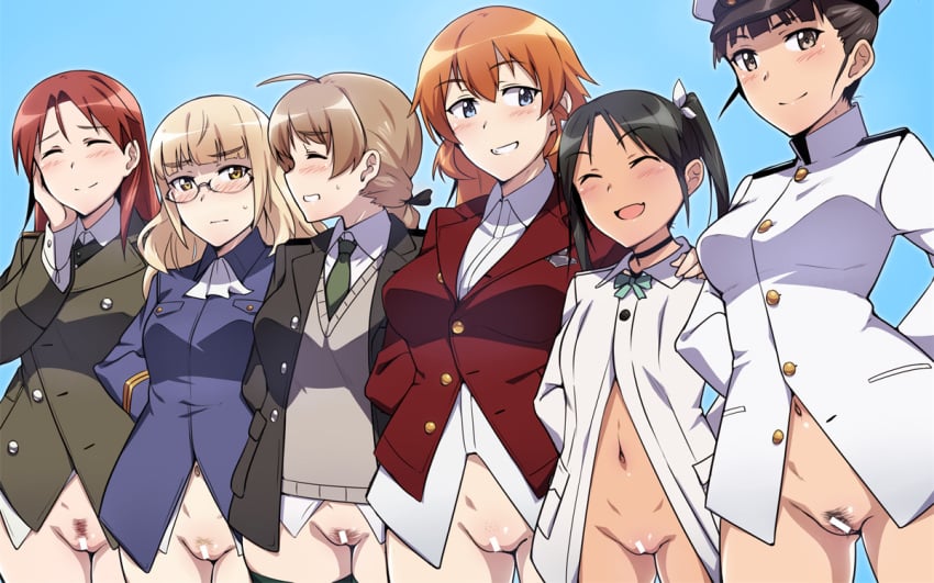 6+girls bar_censor black_choker black_hair blonde_hair blue_eyes blush bottomless breasts brown_eyes censor_bar censored censored_pussy charlotte_e_yeager choker closed_eyes closed_mouth em_(totsuzen_no_hakike) embarrassed female francesca_lucchini glasses green_hair grin hair_ribbon hand_on_another's_shoulder hand_on_own_face jacket large_breasts looking_at_viewer lynette_bishop military military_uniform minna-dietlinde_wilcke multiple_girls navel no_panties open_mouth orange_hair perrine_h_clostermann ponytail pussy red_hair red_jacket ribbon sakamoto_mio small_breasts smile standing strike_witches twintails uniform world_witches_series yellow_eyes