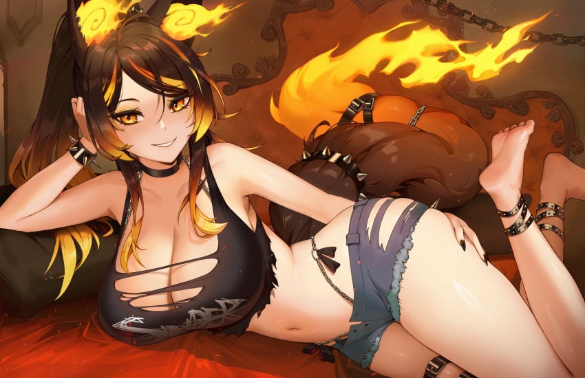 1girls animal_ears belly_button black_nails black_pillow blush brown_hair denim denim_shorts eyelashes female female_only fire hand_on_hip hellhound indie_virtual_youtuber jean_shorts light-skinned_female light_skin nail_polish pillow ripped_shorts seductive shorts sinder_(vtuber) slight_blush smile solo tail two_tone_hair virtual_youtuber whisperingfornothing wolf_ears wolf_girl wolf_tail yellow_eyes yellow_hair