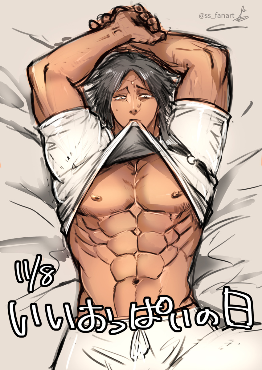 abs arms_up black_hair circlet colored_sketch gaolang_wongsawat japanese_text kengan_(series) kengan_ashura long_hair_male low-tied_long_hair low_ponytail male male_only muscular muscular_male on_back on_bed pecs shirt_in_mouth shirt_lift shirt_up solo ss_fanart sweatdrop tan_skin