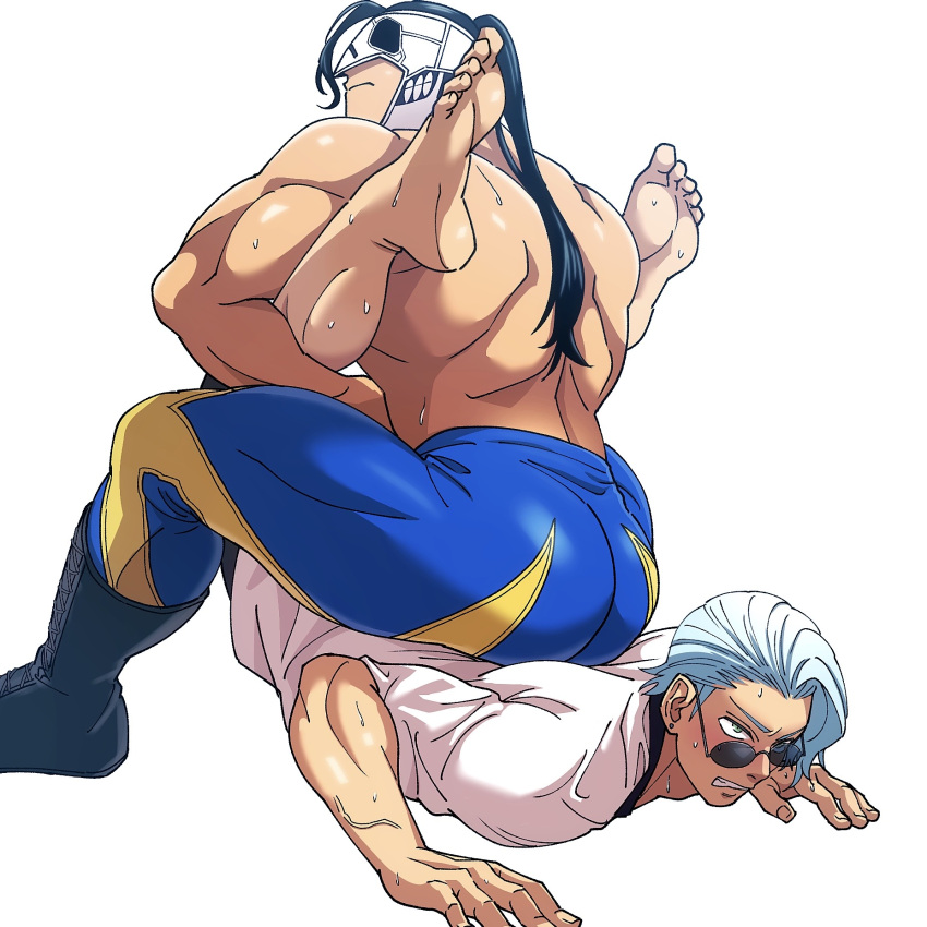 2boys back_muscles barefoot black_hair bubble_butt clenched_teeth feet feet_up fighter fist_of_the_seeker jose_kanzaki kengan_(series) kengan_omega light_blue_hair long_hair long_hair_male looking_back looking_over_eyewear looking_over_glasses looking_over_sunglasses luchador luchador_mask male male_only mask masked masked_male muscular muscular_male nicolas_le_banner pinned ponytail shibaken sitting_on_person soles sunglasses sweat tight_pants tinted_eyewear topless topless_male wrestler wrestling wrestling_outfit