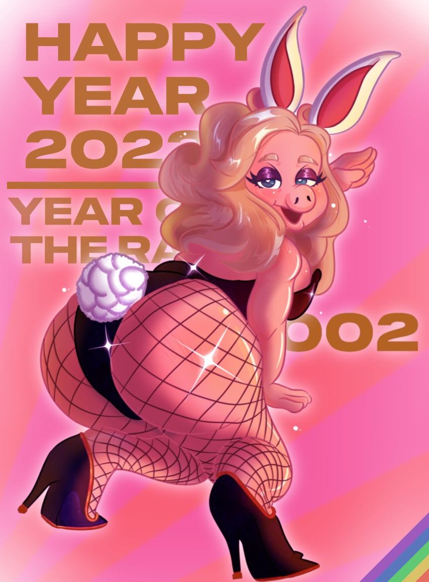 2022 arm_behind_head arm_up ass_up blonde_hair blue_eyes bunny_pose bunnysuit fishnet fishnet_legwear fishnet_stockings geminigears golden_heels high_heels looking_at_viewer miss_piggy muppets new_year numbers pig puffy_tail rabbit rabbit_ears smile smiling smiling_at_viewer yellow_hair