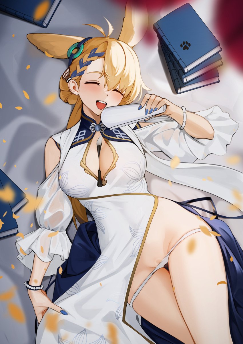 1girls ahoge animal_ears arknights big_breasts blonde_hair blush bracelet breast_cutout breasts brush china_dress chinese_clothes cleavage closed_eyes clothed dress dress_aside ear ett female female_only hair_accessory hairless_pussy hands happy hips holding_object kroos_(arknights) kroos_the_keen_glint_(along_the_corridor)_(arknights) kroos_the_keen_glint_(arknights) legs light-skinned_female long_hair lying lying_on_back mature_female nail_polish nails on_back open_mouth open_smile pantie panties panties_down pov pussy pussy_peek qipao seductive shaved_pussy smile solo thighs underwear uniform waist white_panties