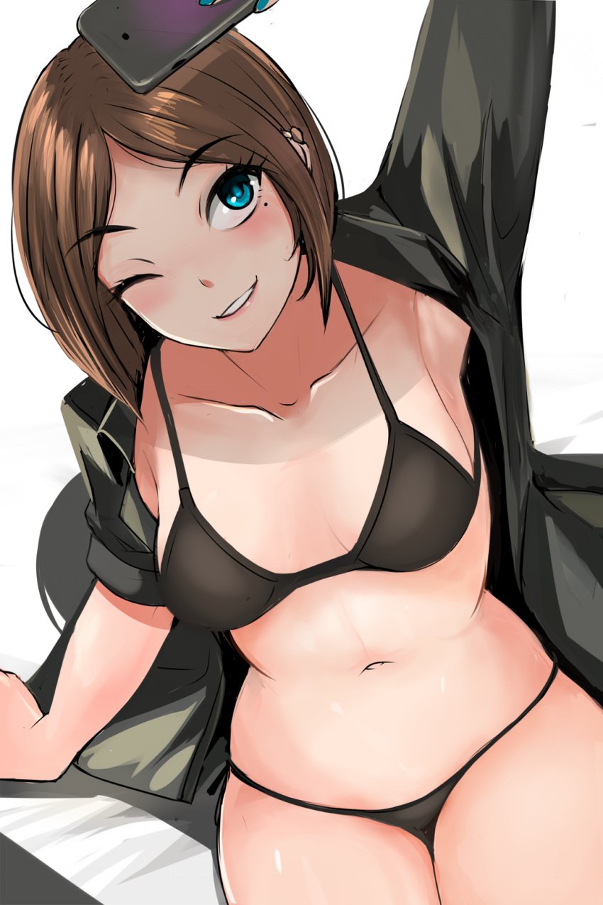 1girls blue_eyes bra breasts brown_hair cellphone female holding_phone looking_at_viewer medium_hair mole_under_eye nonoririn one_eye_closed panties samsung samsung_sam small_breasts smile solo solo_female thick_thighs thighs wide_hips wink