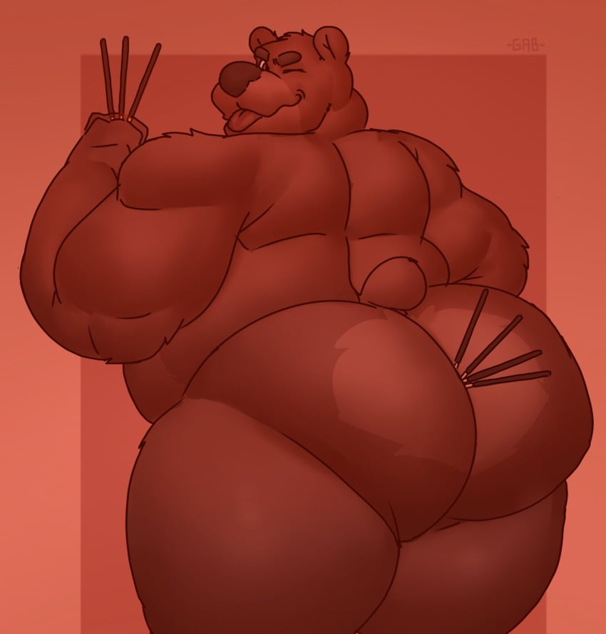 2022 anthro ass bear big_butt biped digital_media_(artwork) food gab_art hi_res huge_butt male male_only mammal musclegut nude one_eye_closed pocky pocky_day presenting presenting_hindquarters rear_view simple_background smile solo thick_thighs tongue tongue_out wide_hips wink