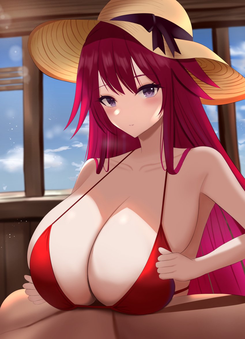 1boy azur_lane bikini breasts breasts_squeezed_together chitose_(azur_lane) chitose_(summer_shine)_(azur_lane) cleavage closed_mouth collarbone engulfing_paizuri female fox_ears fox_girl fox_humanoid hat highres indoors kitsune kitsunemimi large_breasts long_hair minato81345 paizuri paizuri_under_clothes pov purple_eyes red_bikini red_hair solo_focus straight string_bikini sun_hat swimsuit