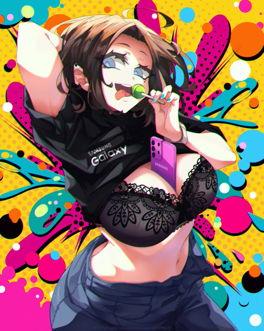 1girls abstract_background amazing_background beautiful_background belly_button between_breasts black_shirt blue_eyes brown_hair candy cellphone chromatic_aberration female female_only good_art holding_lollipop inkspirate jeans lollipop looking_at_viewer medium_hair mole_under_eye open_fly samsung samsung_sam solo stomach tongue tongue_out unbuttoned underwear