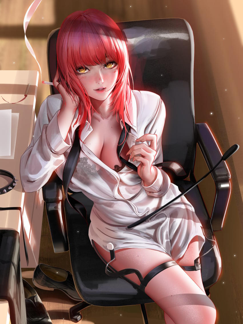 bangs black_bra blush blushing bra chainsaw_man chair cigarette cute cute_face freckles freckles_on_face garter_straps gold_eyes liang_xing lingerie looking_at_viewer makima_(chainsaw_man) messy_clothing office office_chair office_desk office_lady realistic red_hair redhead secretary secretary_outfit see-through see-through_clothing sitting transparent_clothing very_high_resolution white_clothing