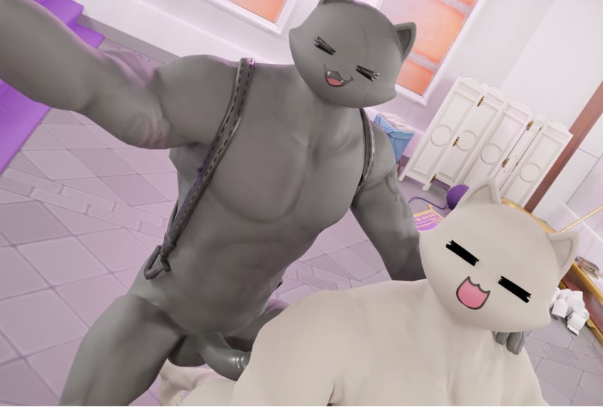 2males 3d athro black_body black_fur feline feline_humanoid fortnite gay ghost_meowscles meowscles_(fortnite) muscular_anthro muscular_male nude selfie_sex shadow_meowscles_(fortnite) white_body white_fur